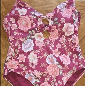 Time And Tru One Piece Swimsuit Floral Size XL Maroon/Pink Women's Ladies Womans